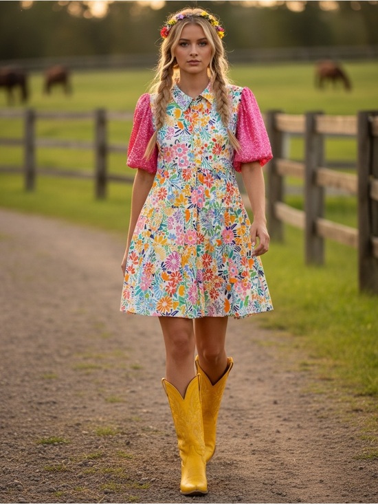Boutique Dresses & Skirts - 081 • Jolene Baby Doll Cotton Dress | Pink Puff Sequined Sleeve